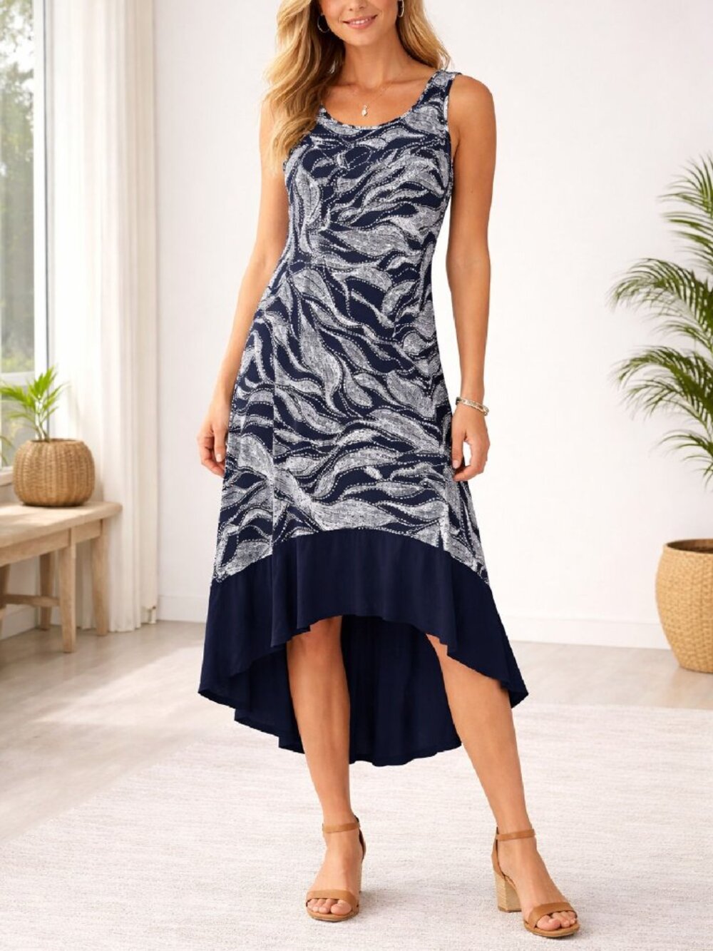 Y2K Peasant Midi High Low Summer Dress Navy White Sleeveless Casual Chic